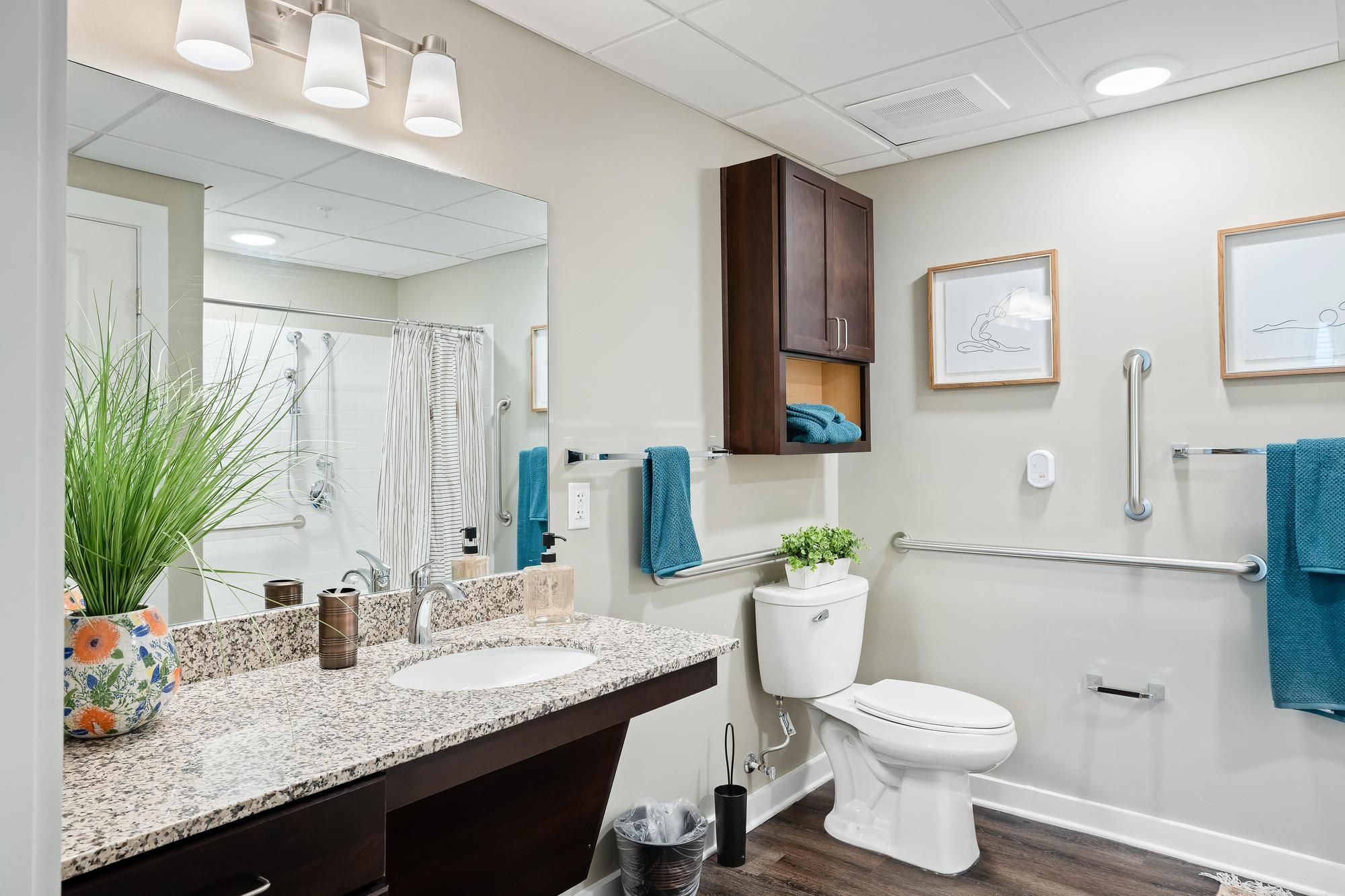 The Claiborne at Brickyard Crossing assisted living bathroom with accessibility features